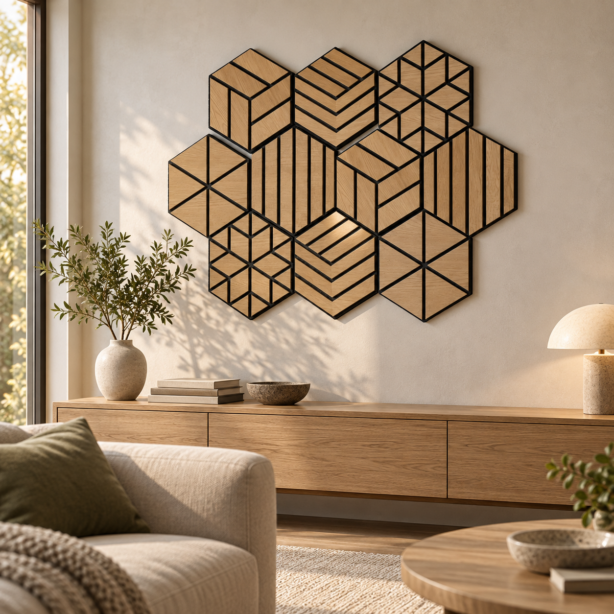 Feltova wood-grain felt wall panels styled on a living room feature wall