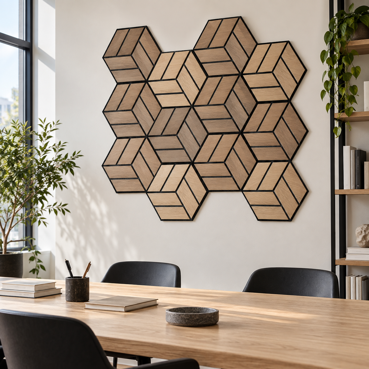 Feltova wood-grain felt wall panels styled in a modern office