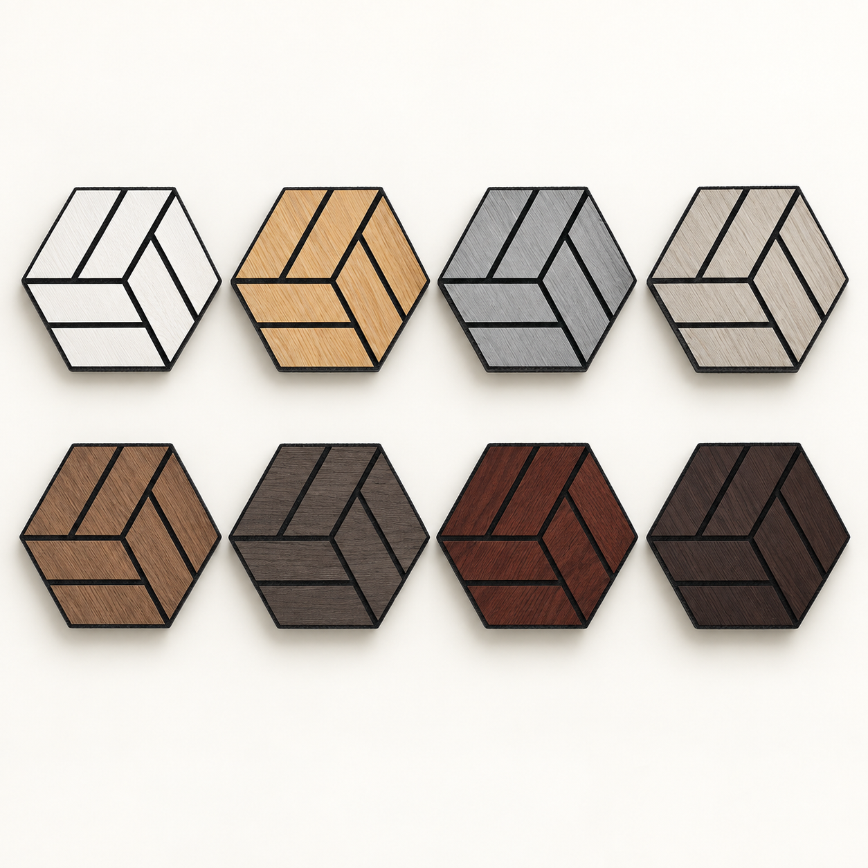 Feltova PET felt wall panel color options with warm wood-grain finishes
