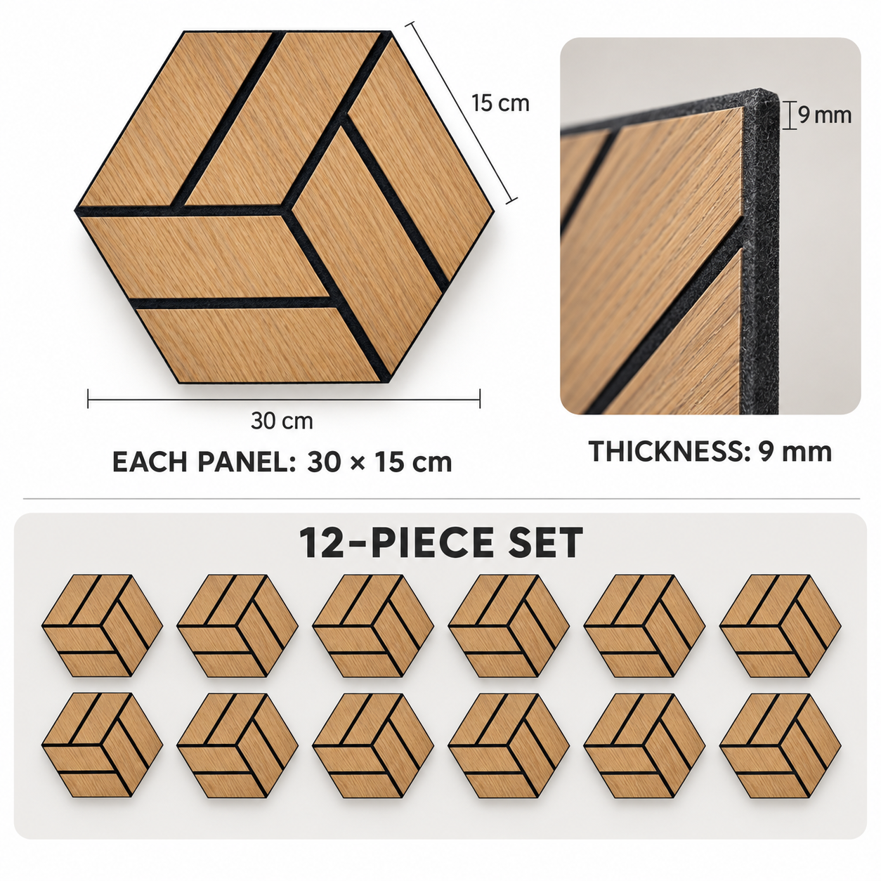 Feltova 12-piece wall panel set specification: each panel 30 by 15 centimeters and 9 millimeters thick
