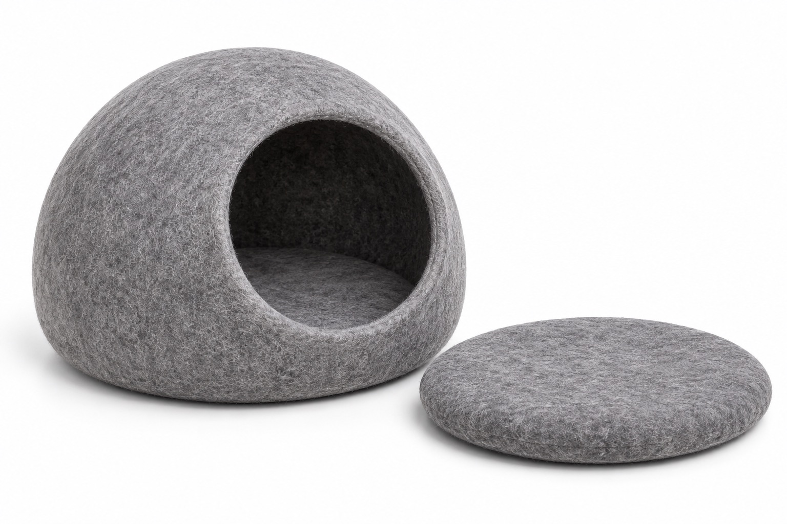 Illustrative white-background concept of custom felt cat caves for pet brands
